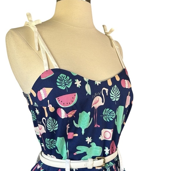 COLLECTIF Jade Summer Flamingo Swing Dress in Navy NWT Size XS - Picture 6 of 15